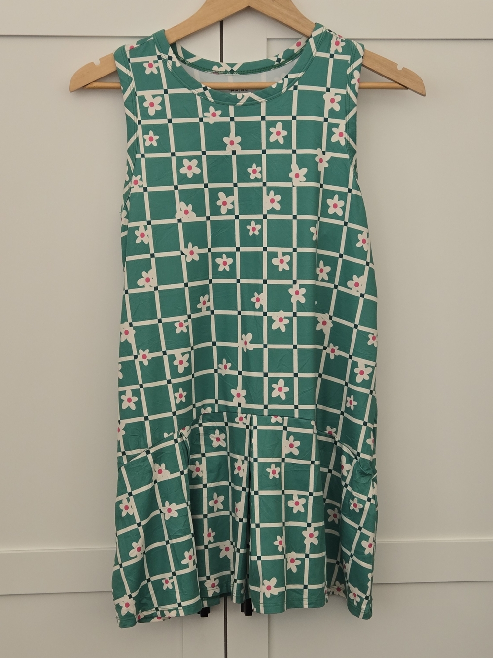Hanna Andersson Girls Size 150 Green Checkerboard Daisy Sleeveless Tank Dress